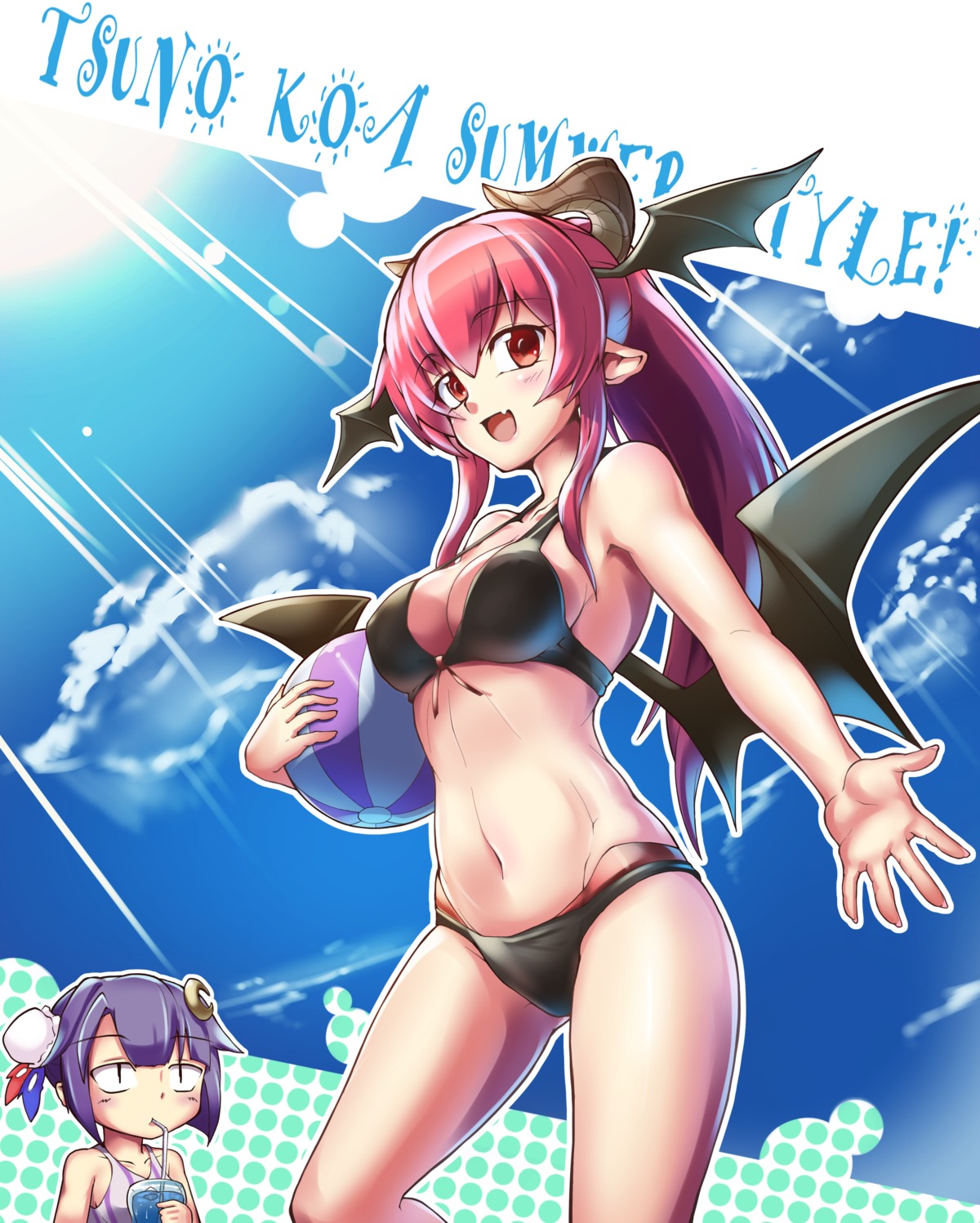 bikini, horns, koakuma, patchouli_knowledge, pointy_ears, ryuuno_stadtfeld, swimsuits, touhou, wings