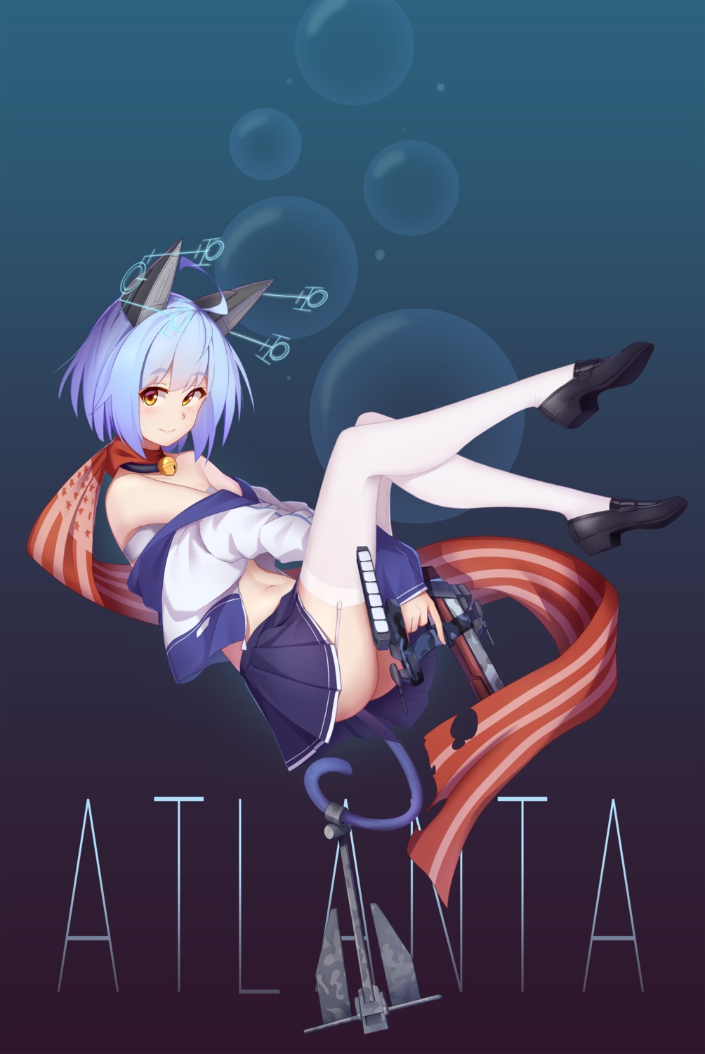 animal_ears, arnold-s, atlanta_(zhanjianshaonv), heels, open_shirt, seifuku, stockings, tail