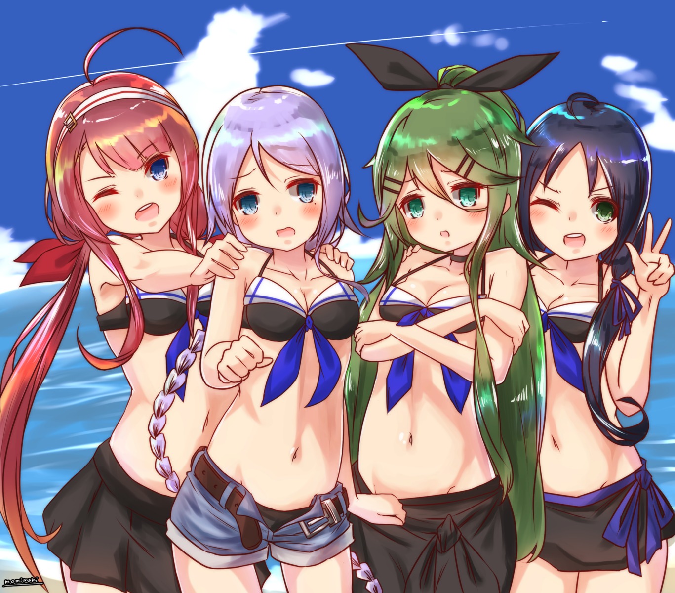 bikini, breast_hold, cleavage, kantai_collection, kawakaze_(kancolle), momiji_(103), suzuya_(kancolle), swimsuits