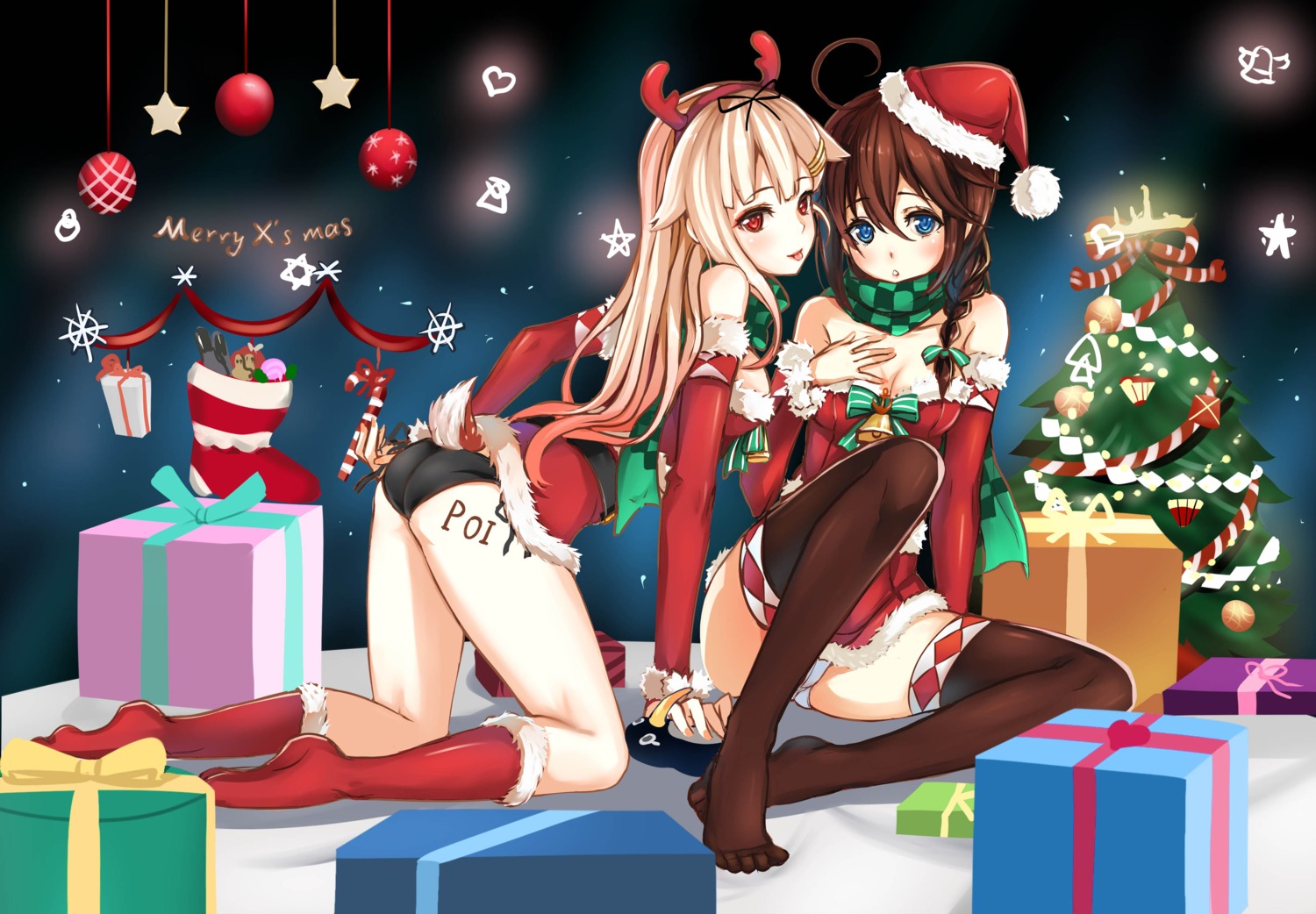 ass, breast_hold, christmas, cleavage, dress, feet, gyakushuu_no_hoshiumi, horns, kantai_collection, pantsu, shigure_(kancolle), string_panties, tail, tattoo, thighhighs, yuudachi_(kancolle)