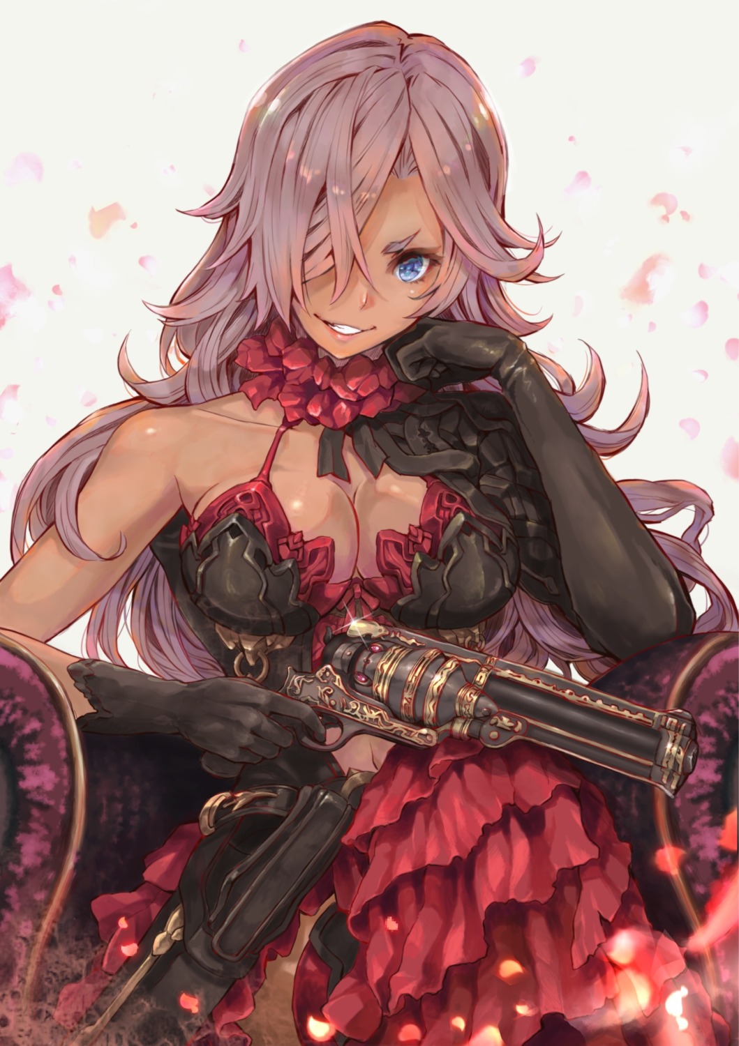 armor, cinderella_(sinoalice), cleavage, dress, gun, hoshizaki_reita, sinoalice, thighhighs