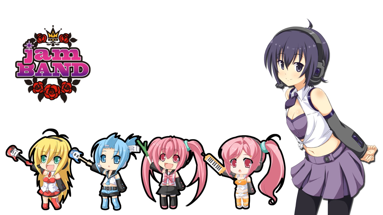 amane_kana, chibi, cleavage, guitar, headphones, jam_band, mitarashi_marie, pantyhose