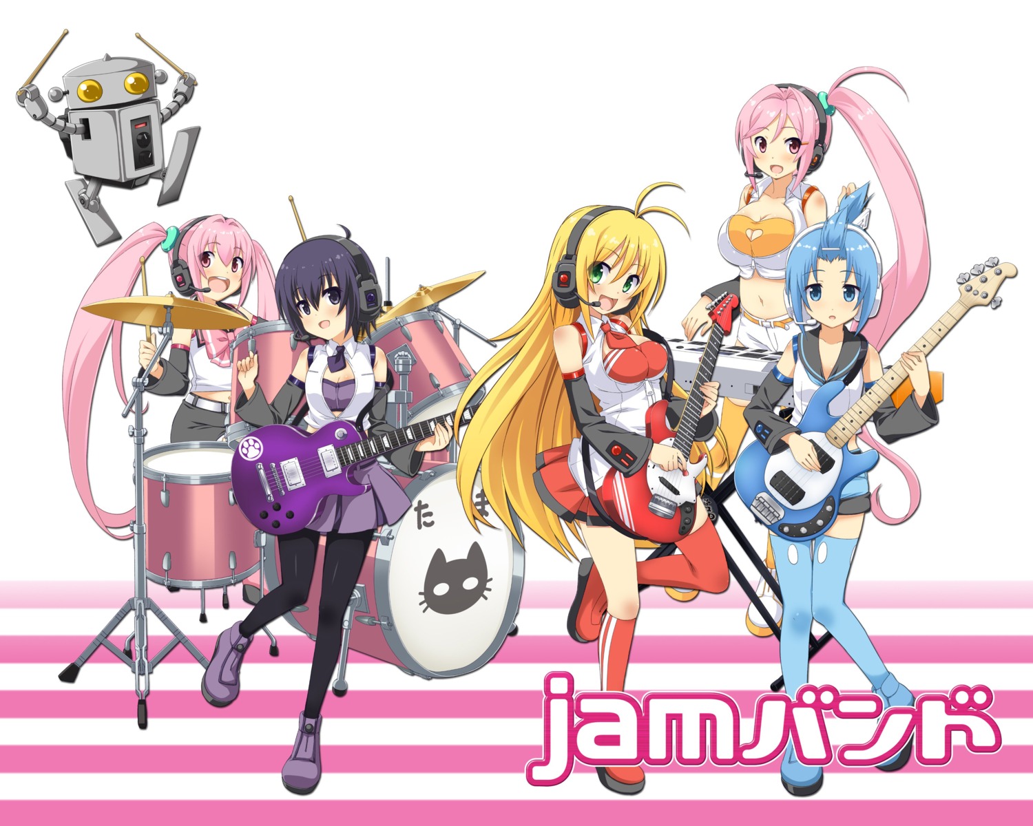 amane_kana, cleavage, guitar, headphones, jam_band, mitarashi_marie, pantyhose, robota, tagme, thighhighs, tsurumaki_maki, tsutsumi_kanon, tsutsumi_rizumu