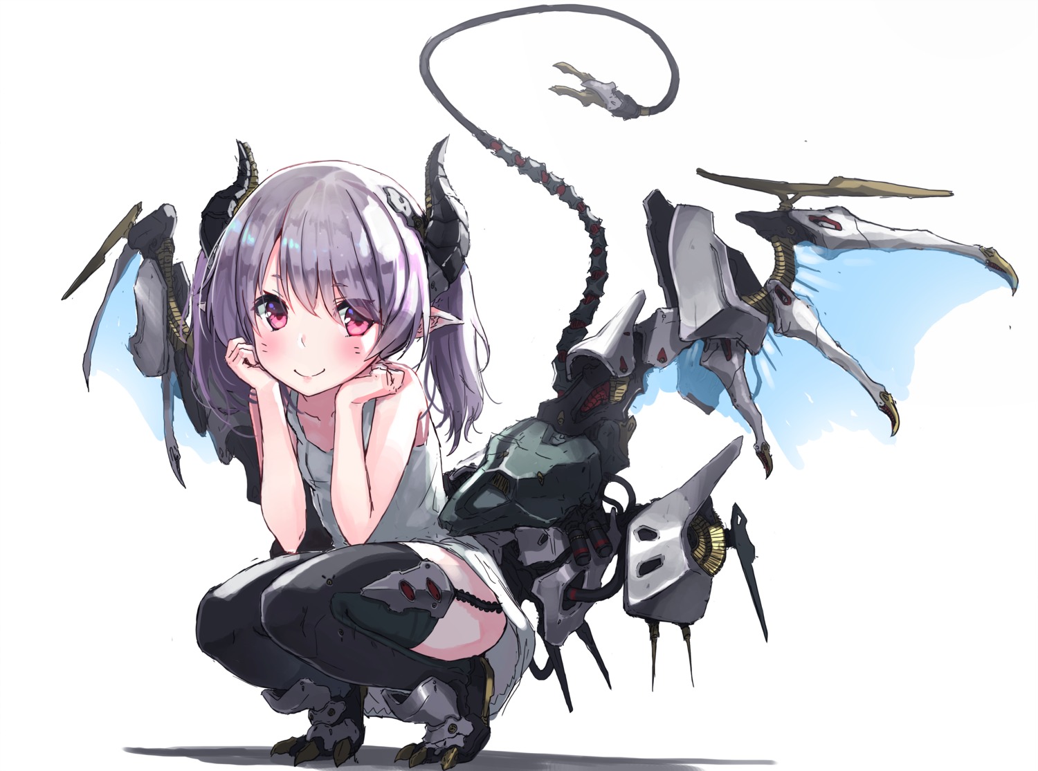 dress, horns, oota_youjo, pointy_ears, stockings, tail, thighhighs, wings