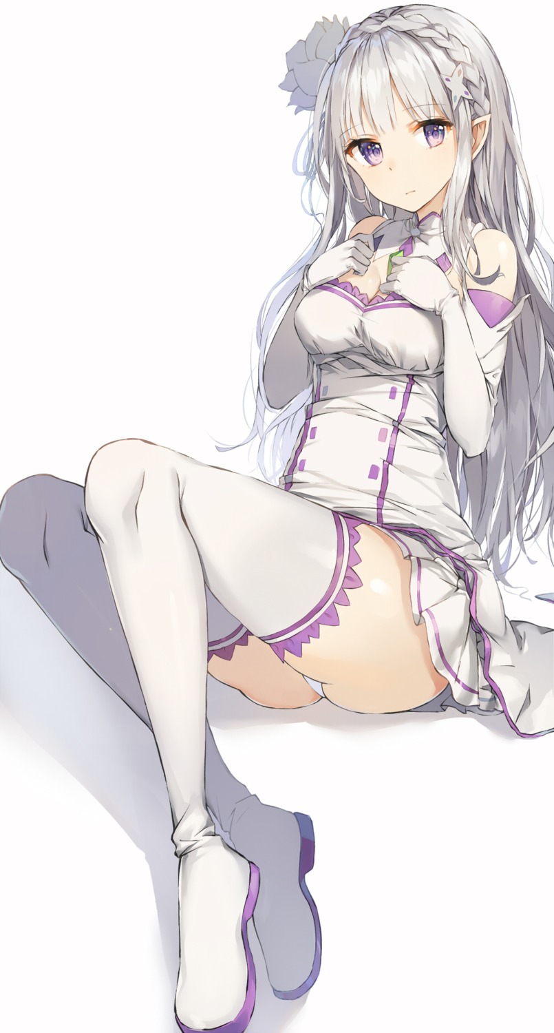 cleavage, elf, emilia_(re_zero), pantsu, pointy_ears, re:zero_kara_hajimeru_isekai_seikatsu, rikoma, thighhighs