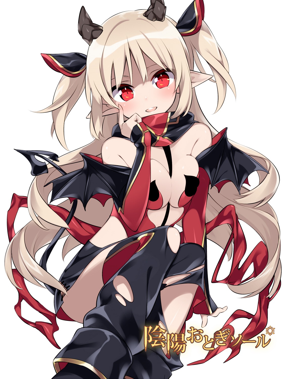 horns, no_bra, otogi_spirit_agents, pointy_ears, sama, tail, thighhighs, torn_clothes