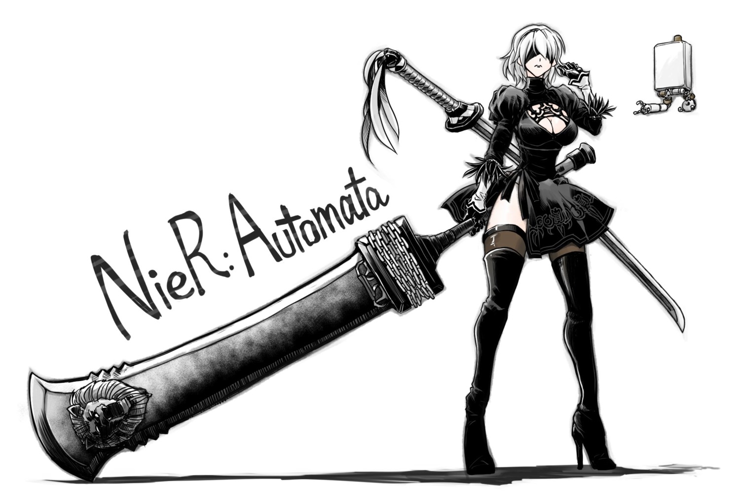cleavage, dress, fukui_ashibi, heels, nier, nier_automata, sword, thighhighs, yorha_no.2_type_b