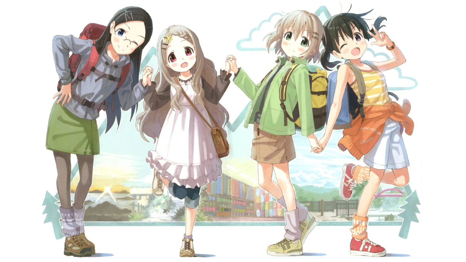 aoba_kokona, dress, kuraue_hinata, matsuo_yuusuke, megane, pantyhose, saitou_kaede, yama_no_susume