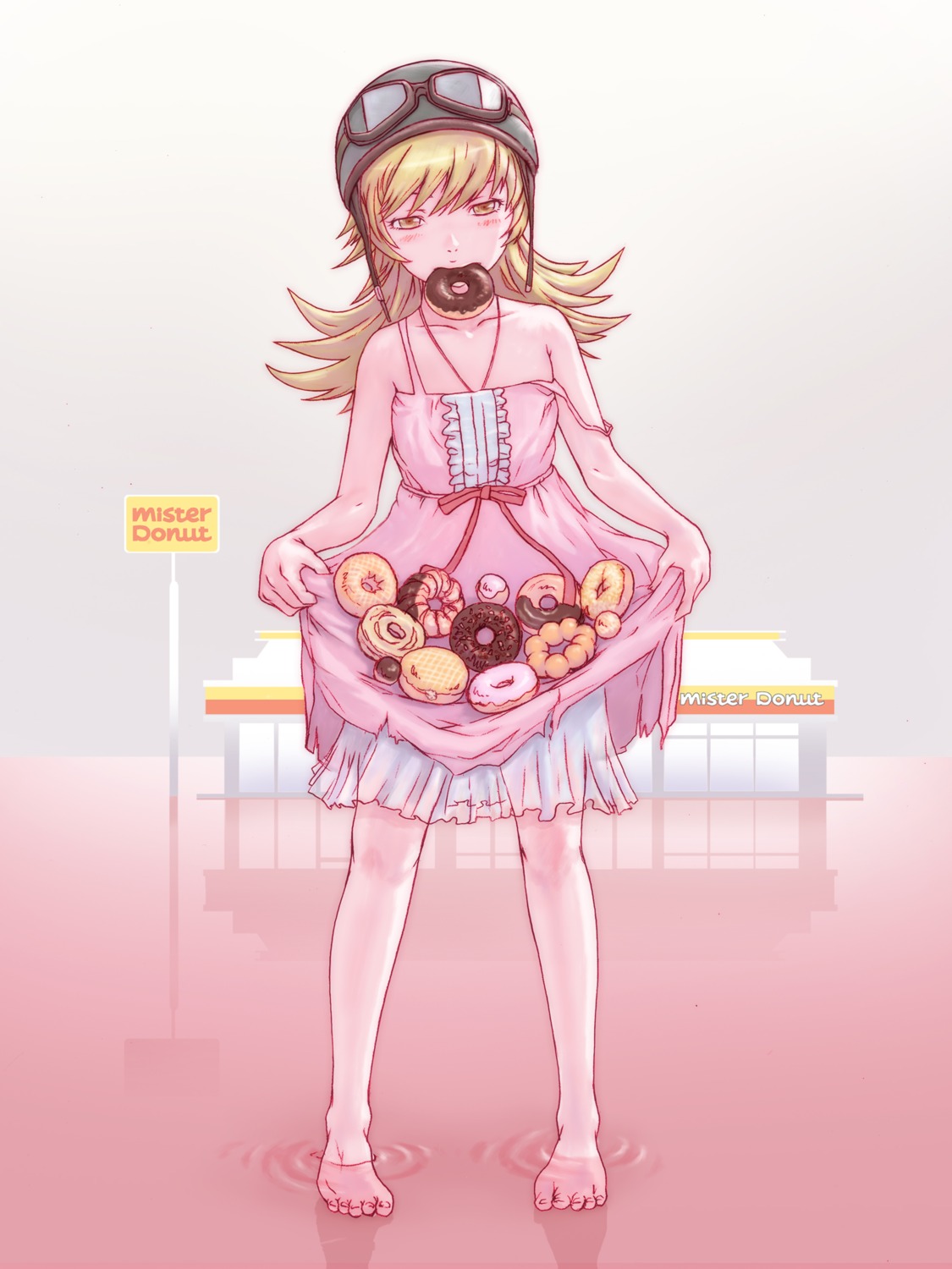 bakemonogatari, dress, monogatari_(series), oshino_shinobu, see_through, skirt_lift, summer_dress, wet, yoshikawa_kazunori
