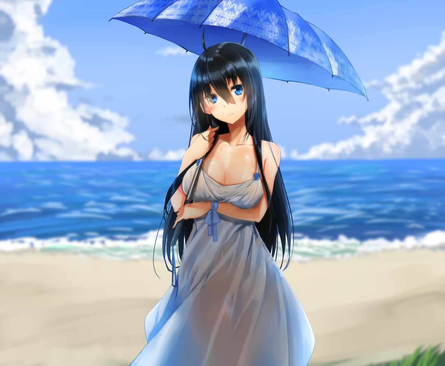 breast_hold, cleavage, dress, see_through, summer_dress, ukeuke, umbrella