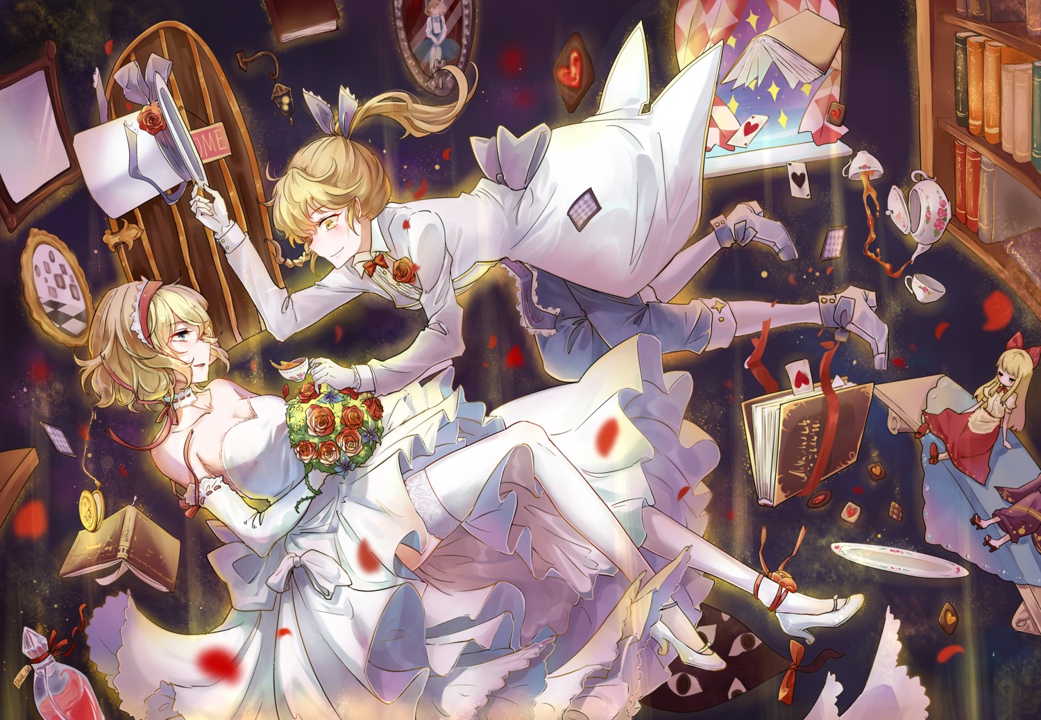 aili_(aliceandoz), alice_margatroid, cleavage, dress, heels, kirisame_marisa, shanghai_doll, thighhighs