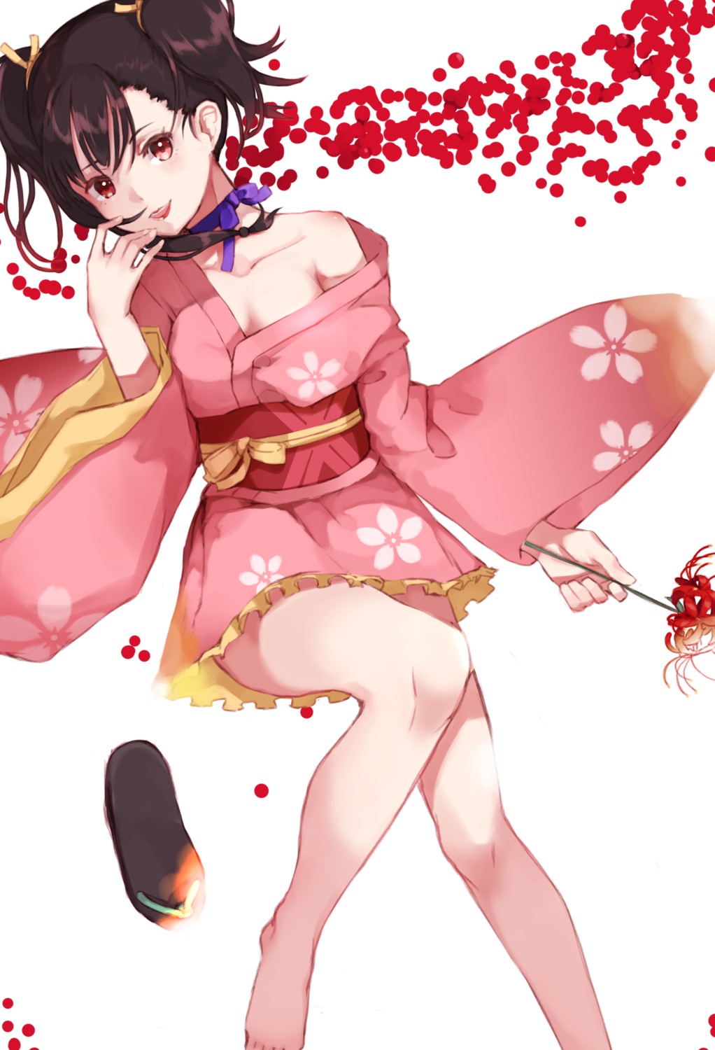 cleavage, feet, kimono, koutetsujou_no_kabaneri, mugcup, mumei, open_shirt