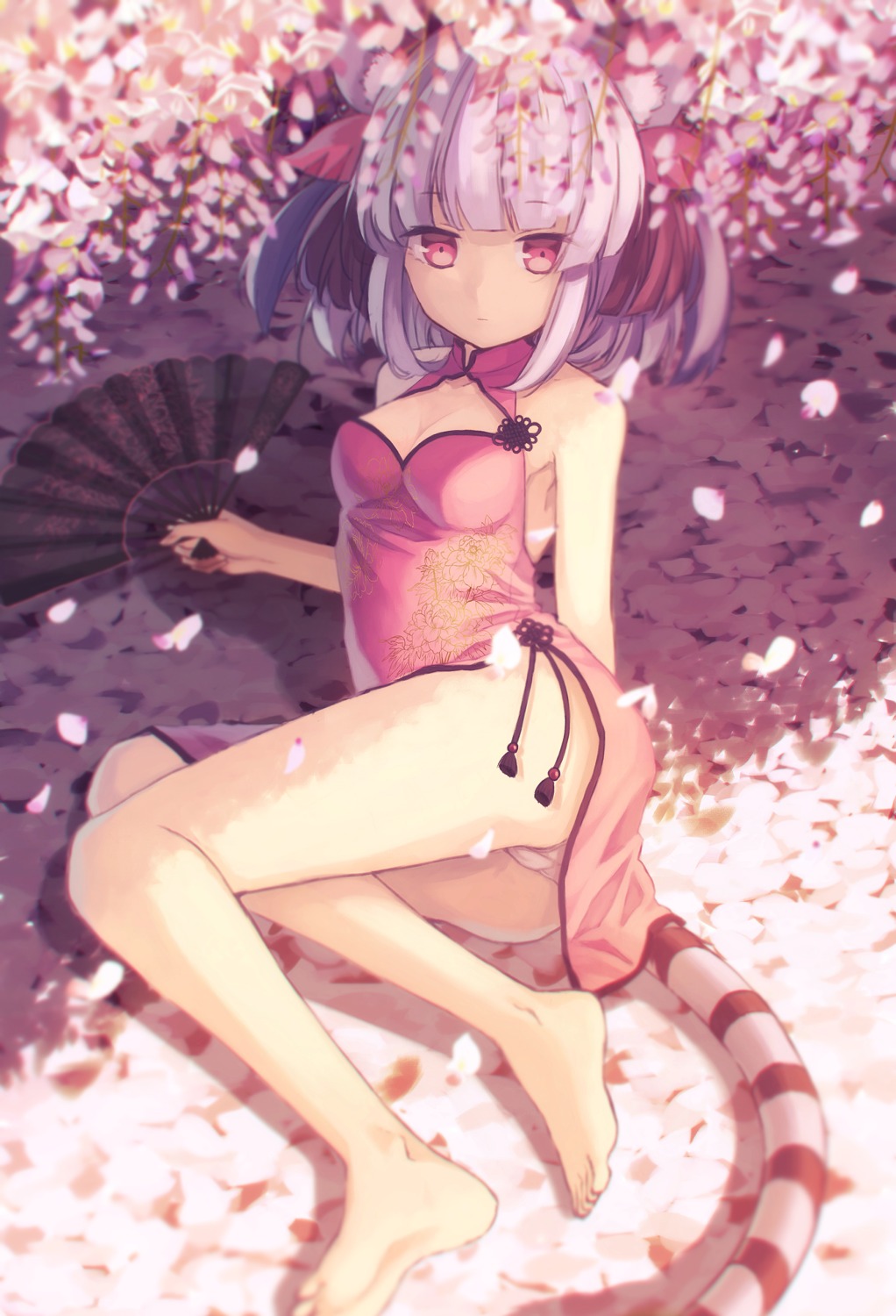animal_ears, chinadress, cleavage, feet, haku_(puzzle_&_dragons), pantsu, puzzle_&_dragons, squallea, tail