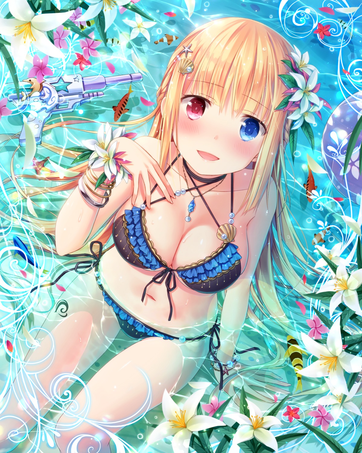 bikini, cleavage, falkyrie_no_monshou, gun, heterochromia, natsumekinoko, swimsuits, wet