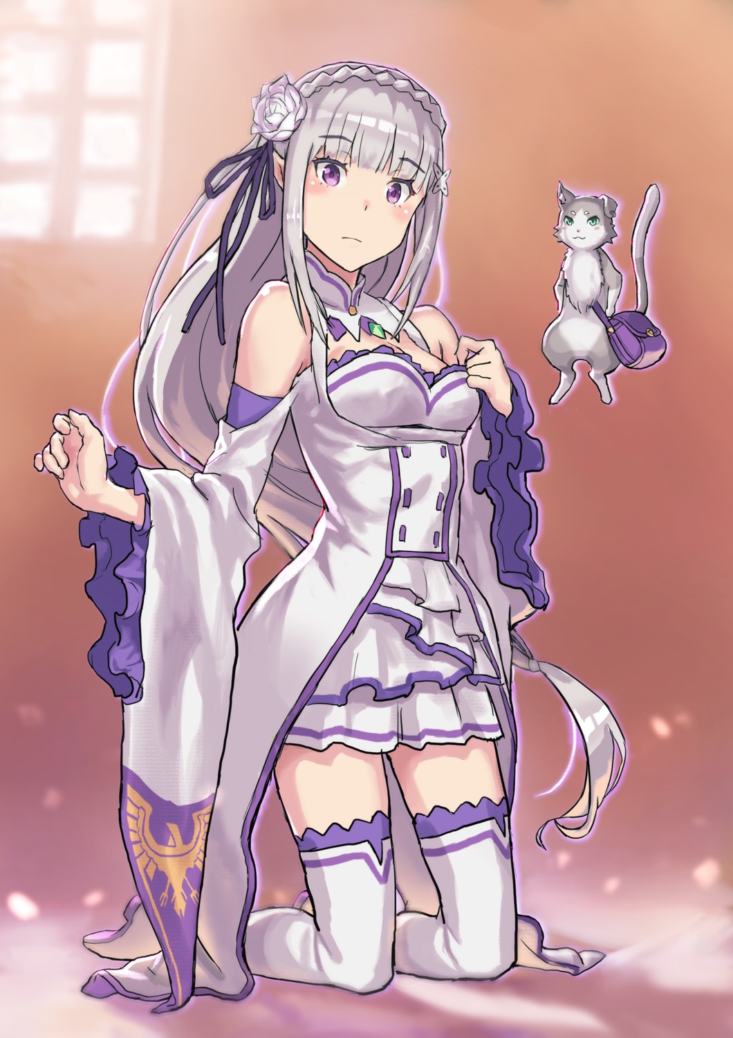 cleavage, elf, emilia_(re_zero), neko, p_shiki, pack_(re_zero), pointy_ears, re:zero_kara_hajimeru_isekai_seikatsu, thighhighs