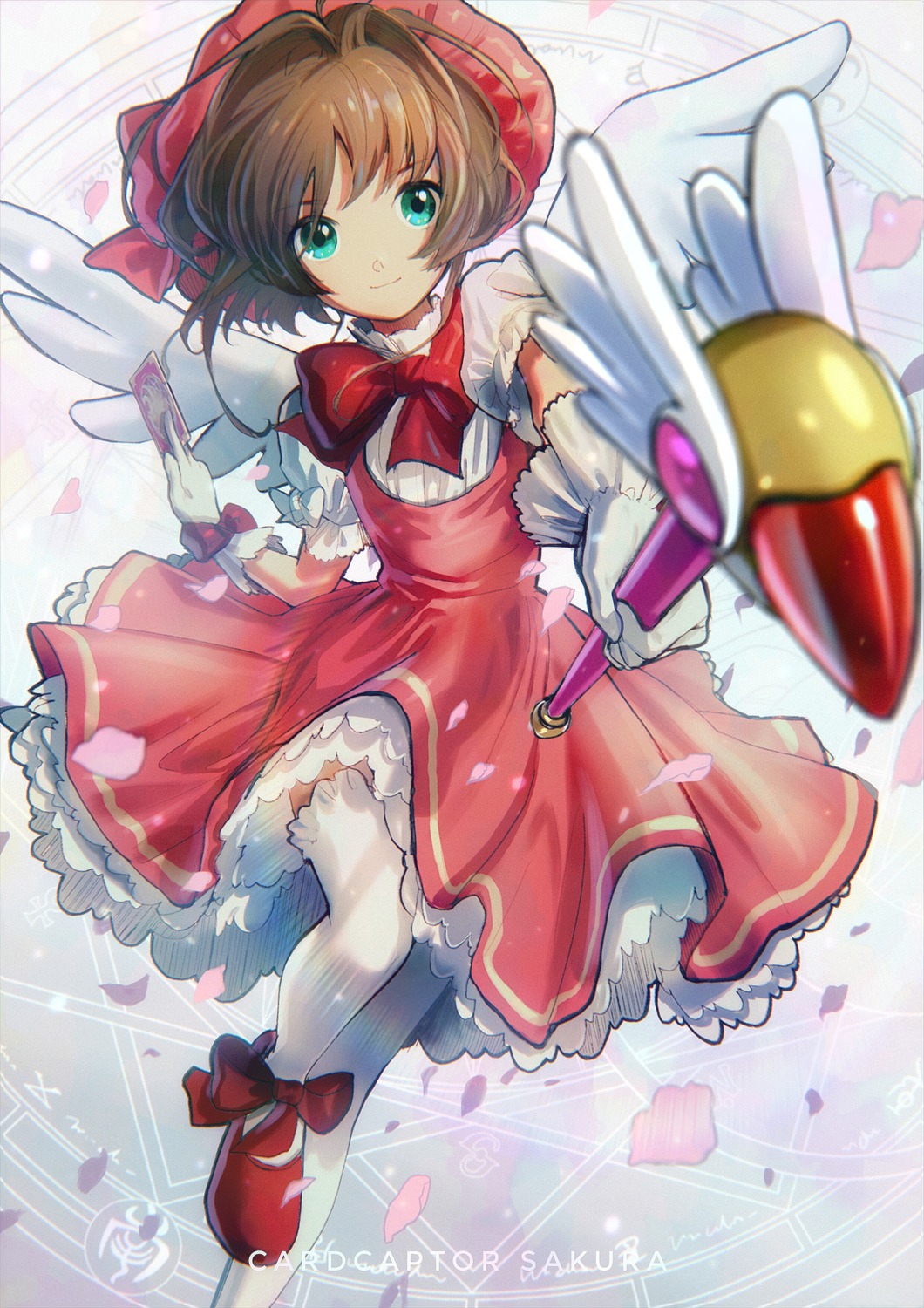 card_captor_sakura, dress, kinomoto_sakura, pine_(yellowpine112), thighhighs, weapon, wings