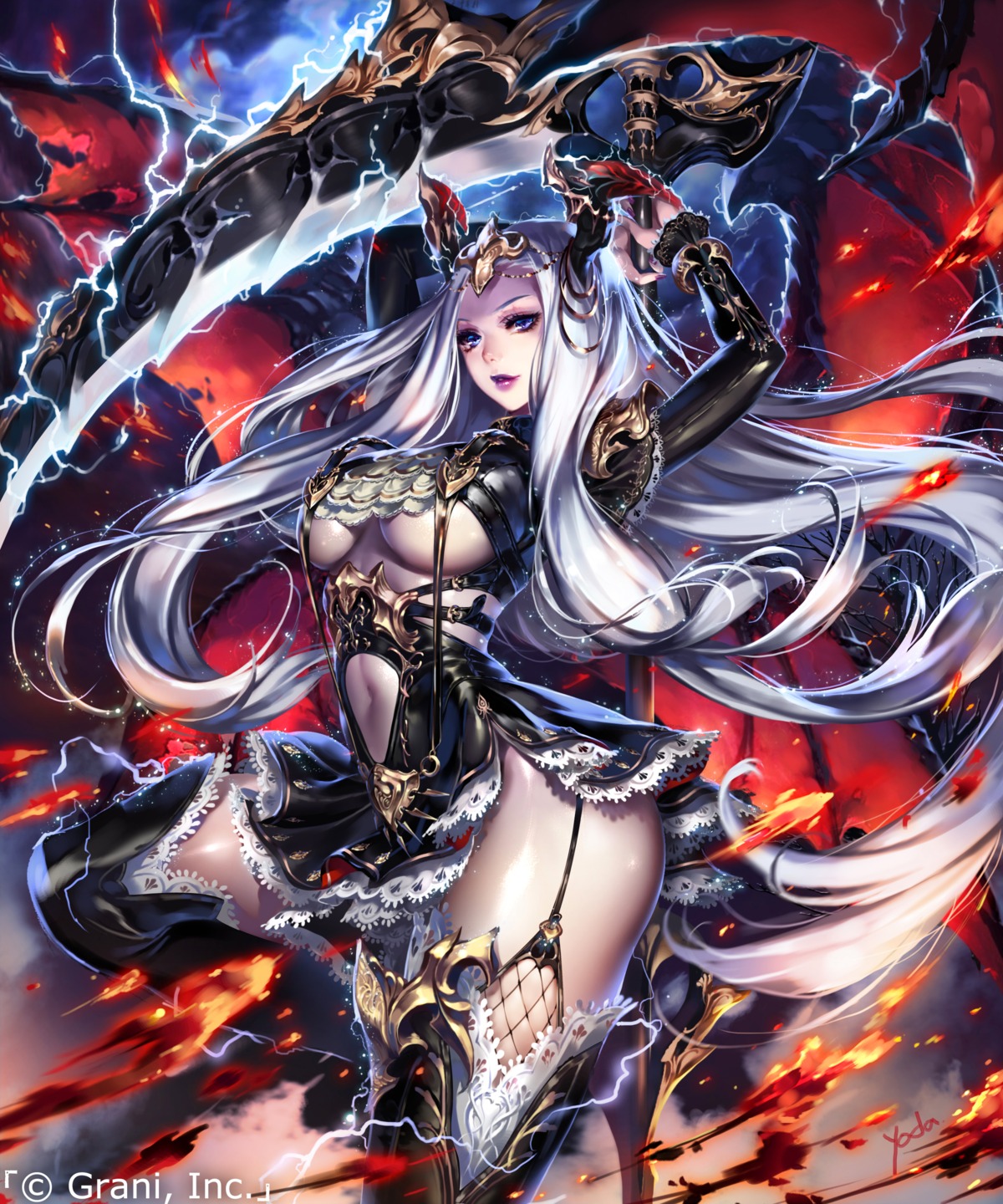 fishnets, horns, shingoku_no_valhalla_gate, stockings, thighhighs, underboob, weapon, wings