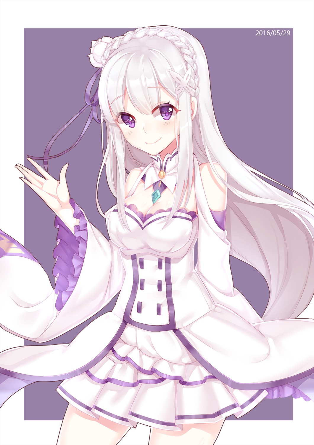 cleavage, dress, emilia_(re_zero), kan_(rainconan), re:zero_kara_hajimeru_isekai_seikatsu
