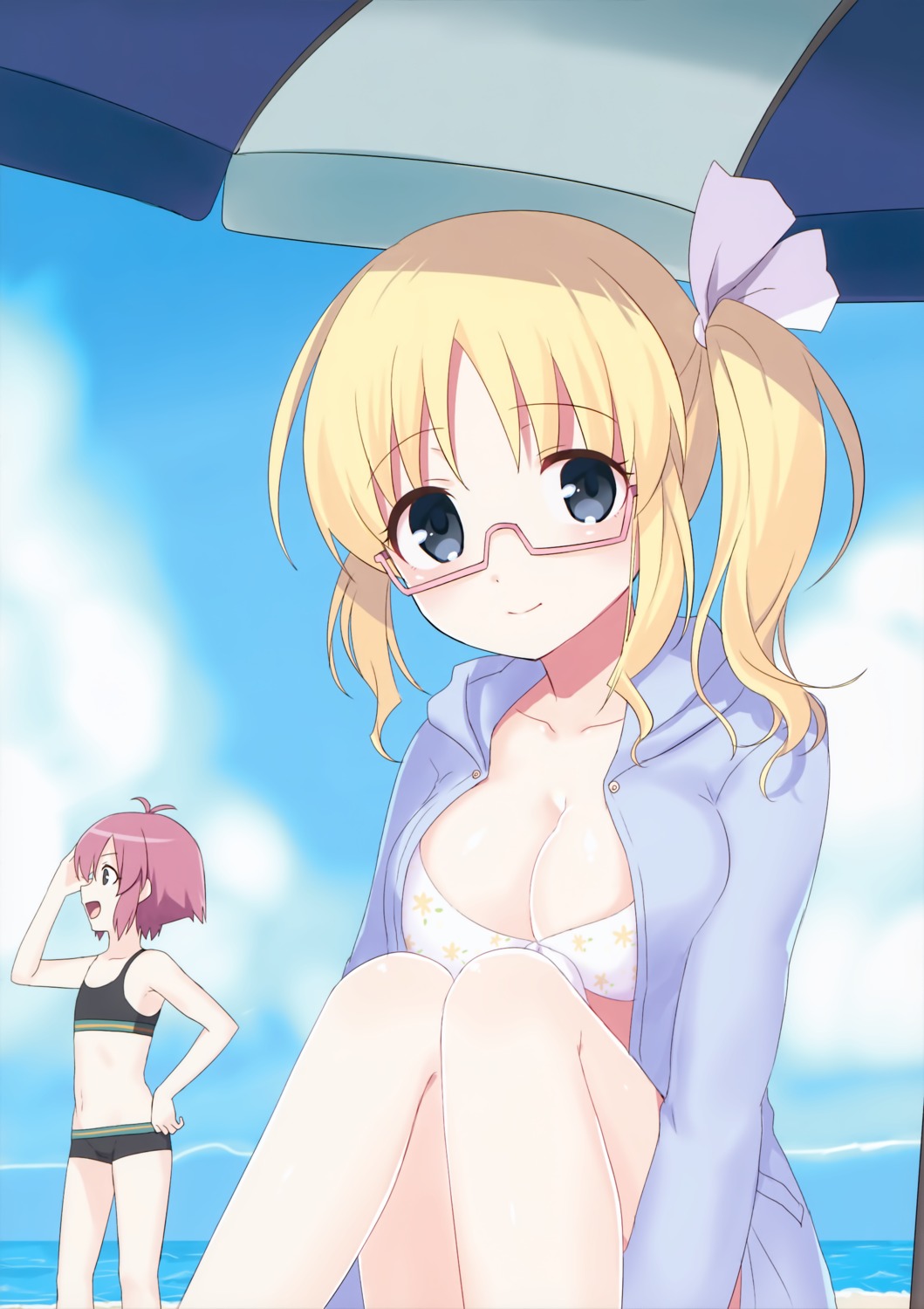bikini, cleavage, kanbara_satomi, megane, open_shirt, saki, senoo_kaori, swimsuits