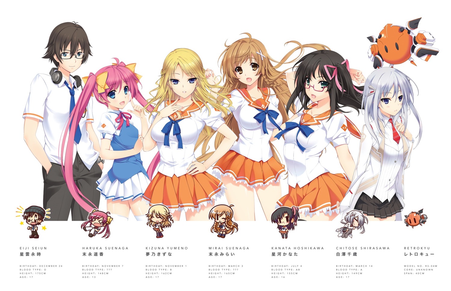chibi, culture_japan, headphones, hoshikawa_kanata, iizuki_tasuku, kizuna_yumeno, megane, seifuku, shirasawa_chitose, suenaga_haruka, suenaga_mirai, thighhighs