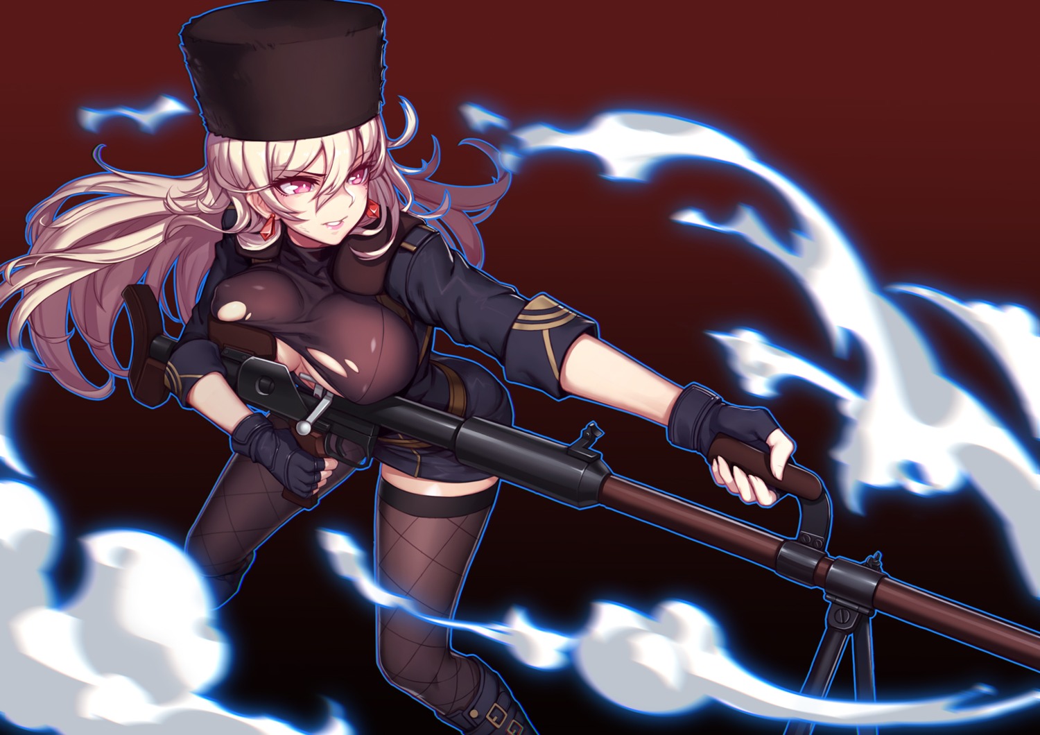 evan_yang, fishnets, girls_frontline, gun, no_bra, ptrd_(girls_frontline), thighhighs, torn_clothes