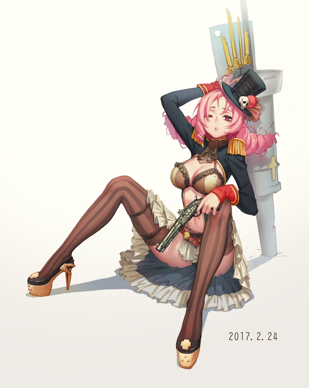 cleavage, gun, heels, luode_huayuan, pantsu, thighhighs