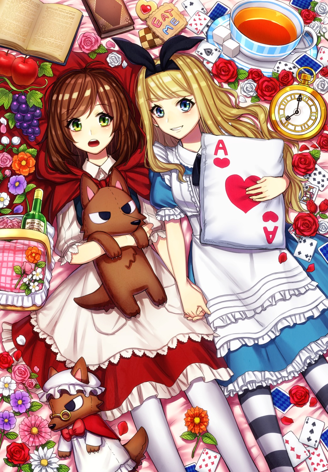 alice, alice_in_wonderland, crossover, dress, kiritani846, little_red_riding_hood_(character), pantyhose