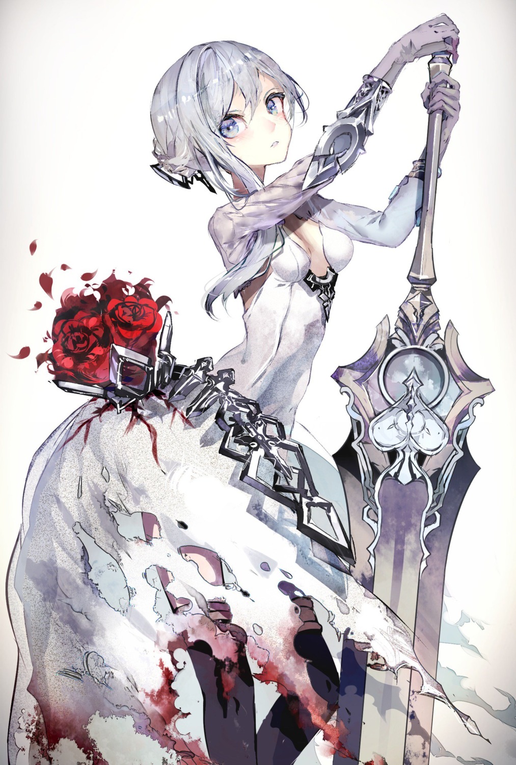 cleavage, dress, no_bra, rooseputo_02, sinoalice, sword, thighhighs, torn_clothes