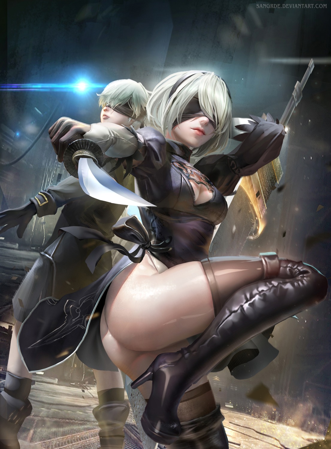 ass, cleavage, dress, heels, nier, nier_automata, official_watermark, sangrde