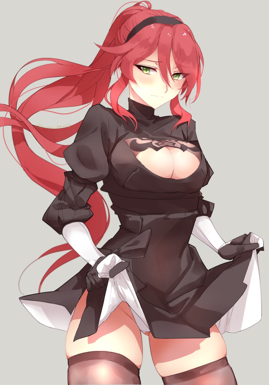 azure-zer0, cleavage, cosplay, dress, nier, nier_automata, pantsu, pyrrha_nikos, rwby, skirt_lift, thighhighs, yorha_no.2_type_b