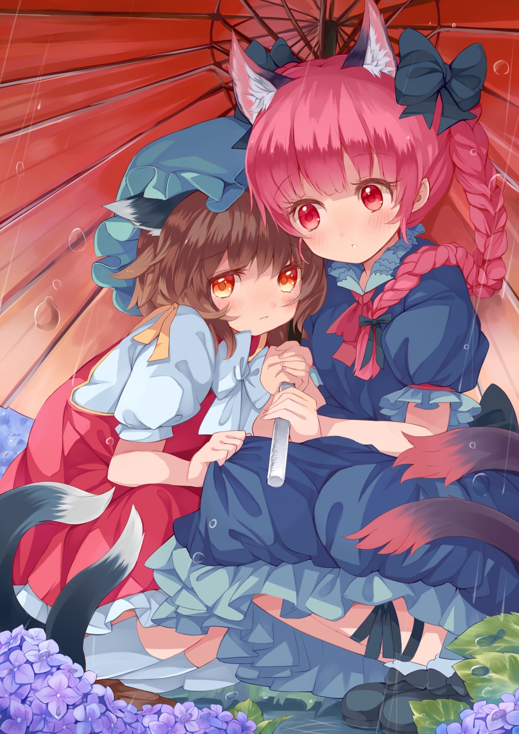 animal_ears, chen, japa, kaenbyou_rin, tail, touhou, umbrella