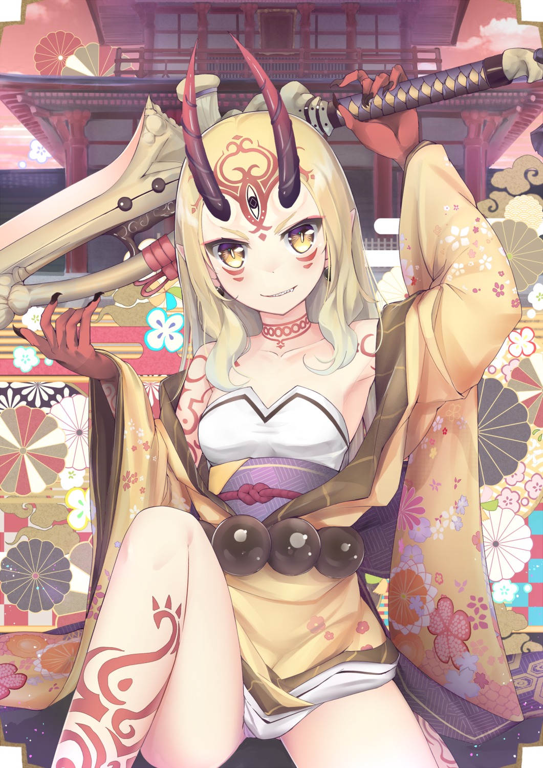 fate/grand_order, horns, ibaraki_douji_(fate), japanese_clothes, kureha_(tomo-yuki), pantsu, sword, tattoo