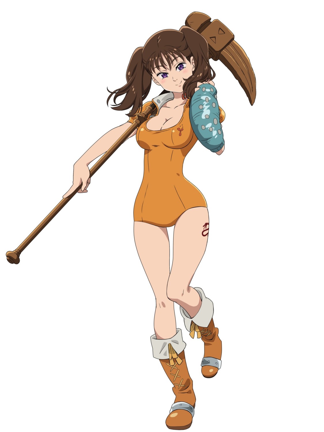 cleavage, diane_(nanatsu_no_taizai), leotard, nanatsu_no_taizai, tagme, tattoo, weapon