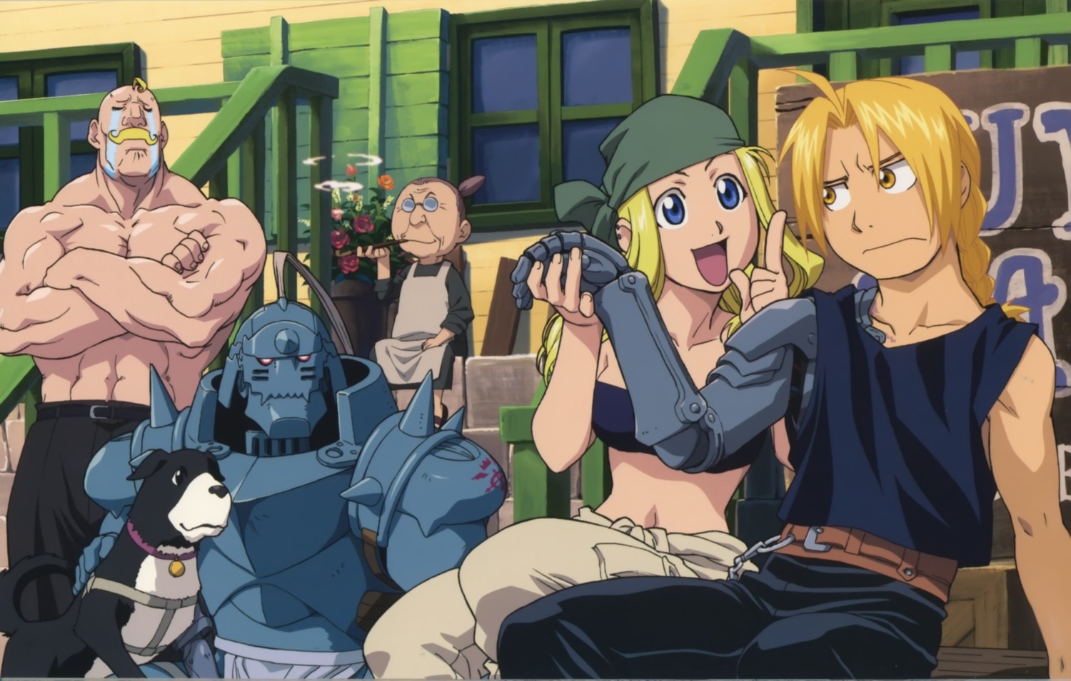 alex_louis_armstrong, armor, edward_elric, fullmetal_alchemist, megane, pinako_rockbell, smoking, tagme, winry_rockbell