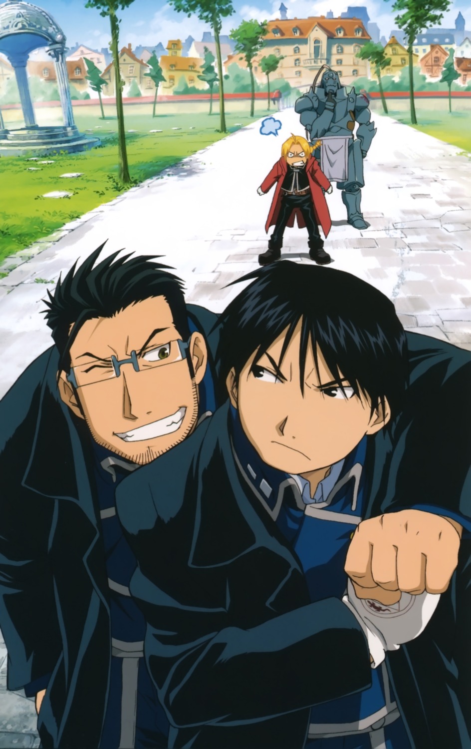 alphonse_elric, edward_elric, fullmetal_alchemist, maes_hughes, male, roy_mustang
