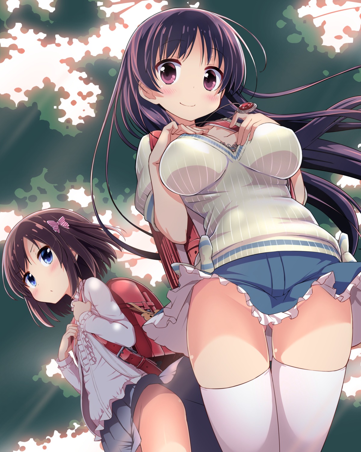 ba_kuro, breast_hold, nopan, onjouji_toki, saki, shimizudani_ryuuka, skirt_lift, thighhighs, toki_(saki)
