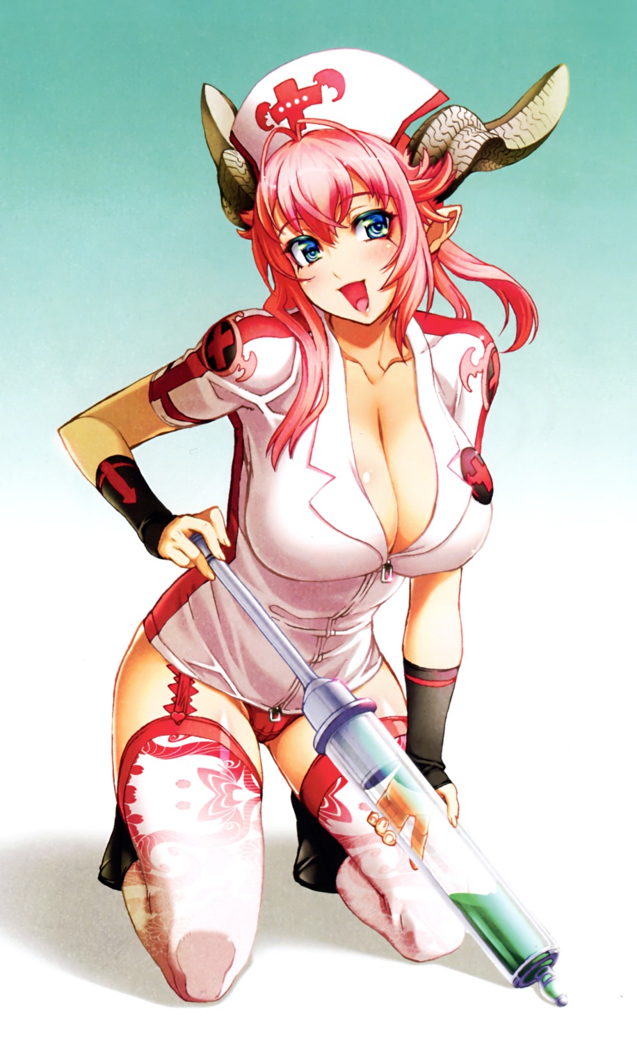 asmodeus_(the_seven_deadly_sins), cleavage, horns, niθ, nurse, open_shirt, pantsu, pointy_ears, stockings, the_seven_deadly_sins, thighhighs