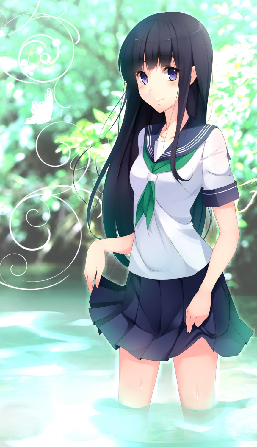 kujou_ichiso, seifuku, skirt_lift, wet