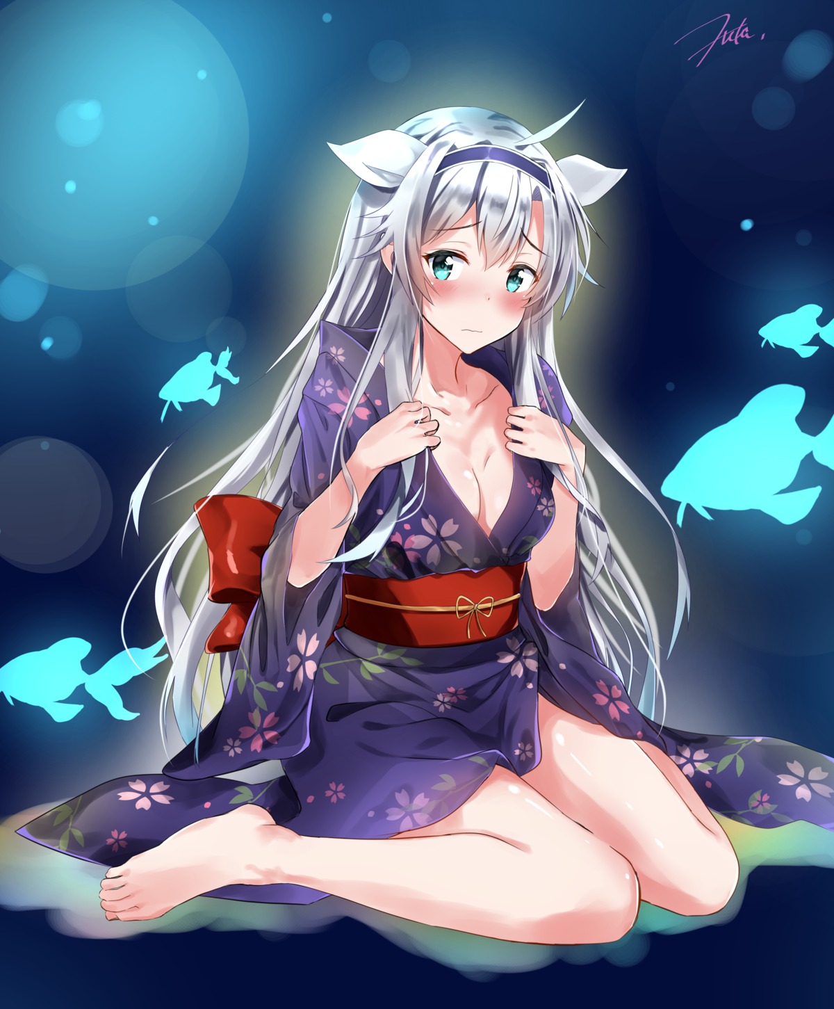 akgotch, feet, open_shirt, rokudenashi_majutsu_koushi_to_akashic_record, sistina_fibel, undressing, yukata