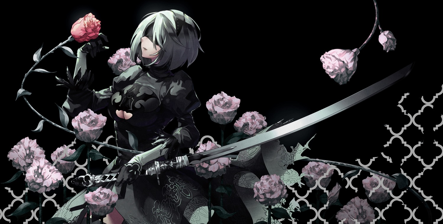 cleavage, dress, nier, nier_automata, sword, tsurukame, yorha_no.2_type_b