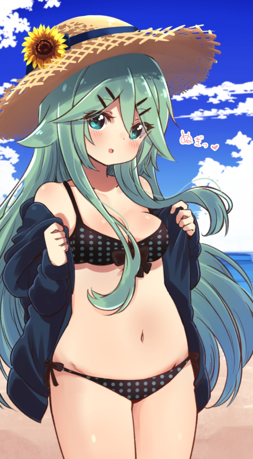 bikini, cleavage, kantai_collection, open_shirt, suzuki_toto, swimsuits, undressing, yamakaze_(kancolle)