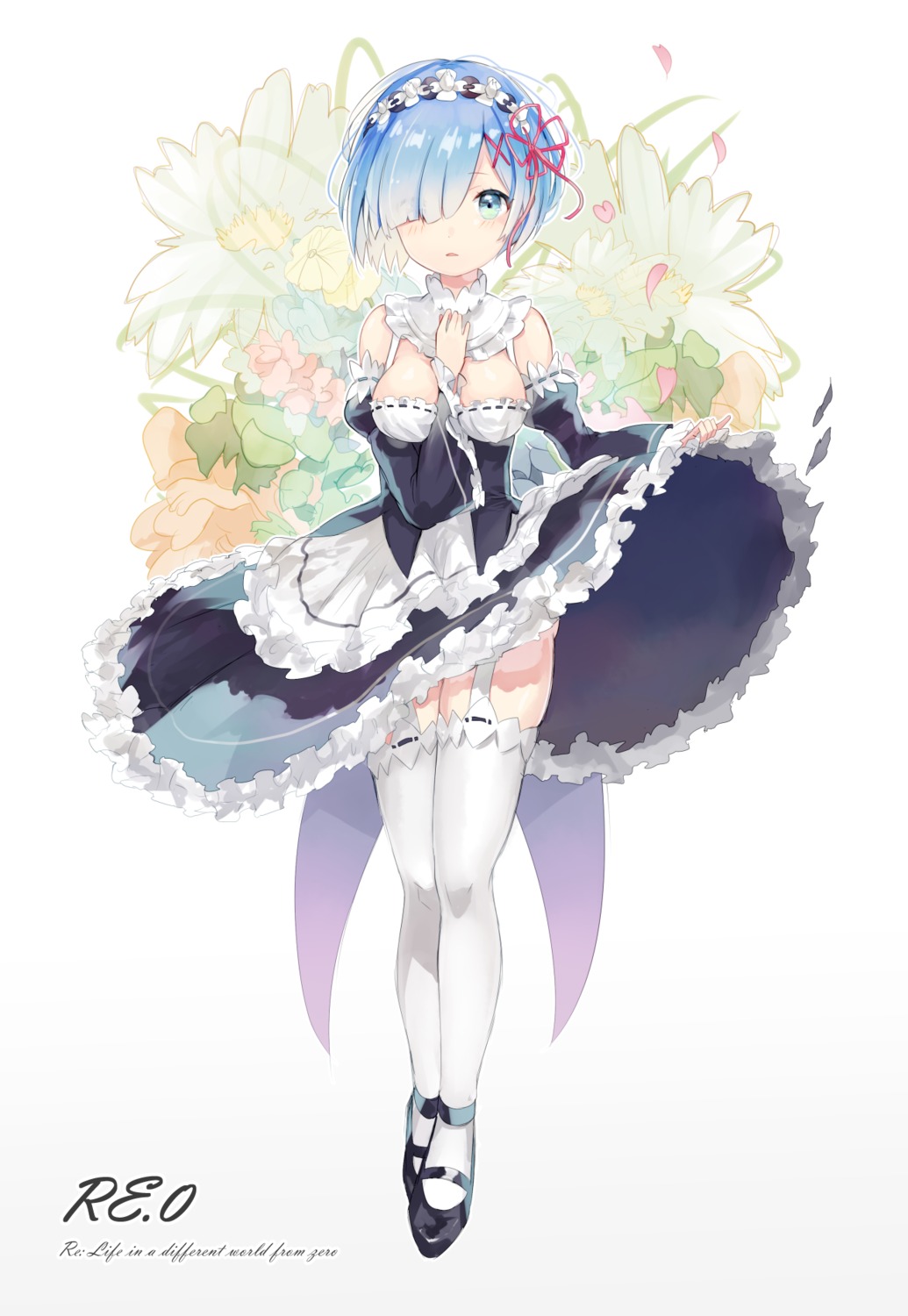cleavage, maid, nuudoru, re:zero_kara_hajimeru_isekai_seikatsu, rem_(re_zero), skirt_lift, stockings, thighhighs