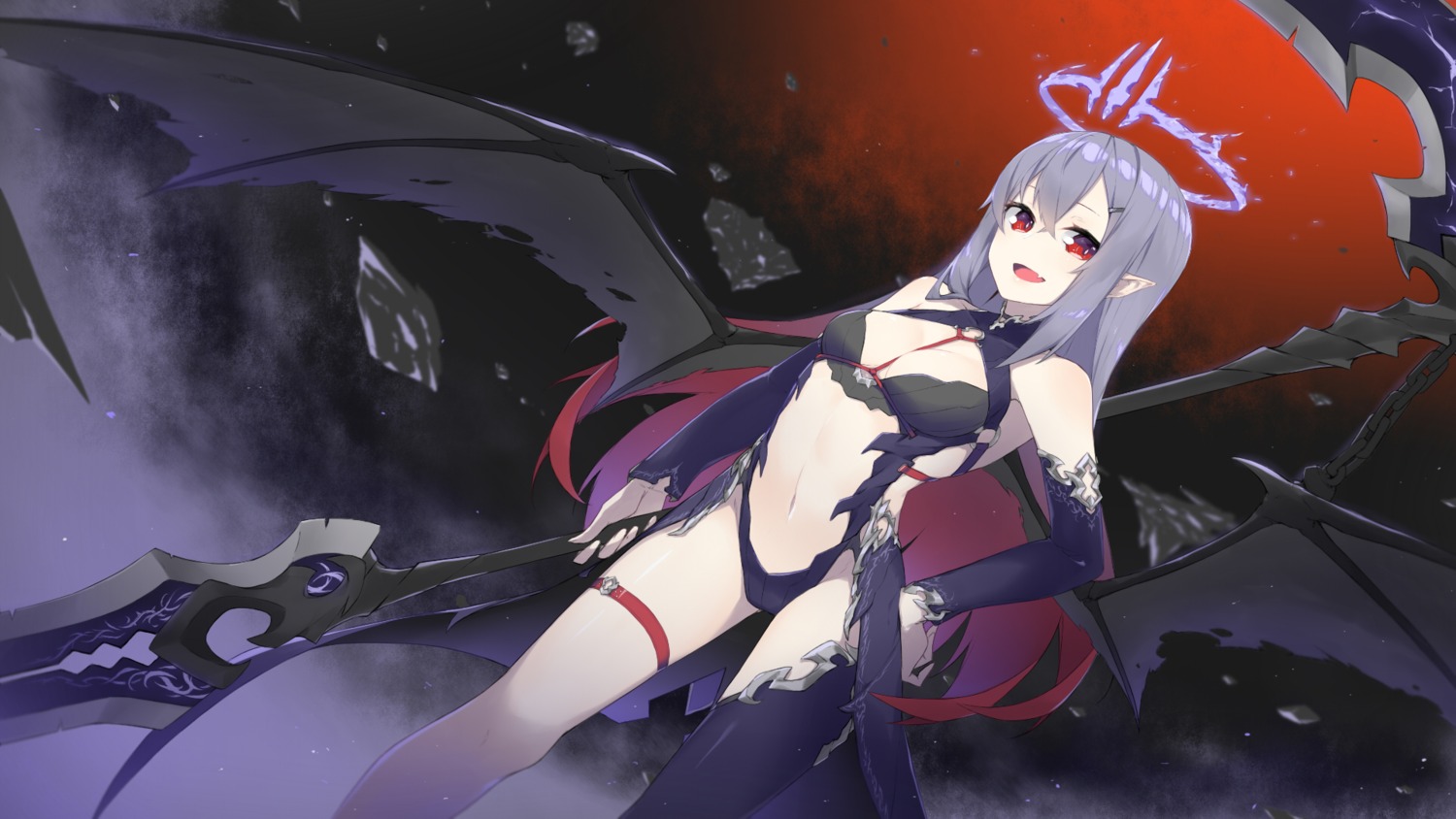bikini_armor, fhang, garter, pointy_ears, thighhighs, wallpaper, weapon, wings