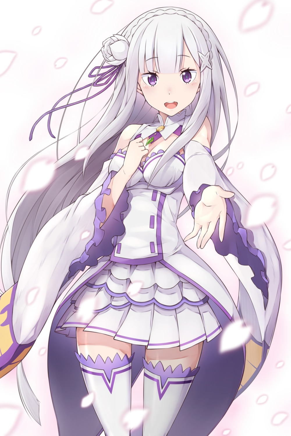 cleavage, emilia_(re_zero), re:zero_kara_hajimeru_isekai_seikatsu, takahan, thighhighs