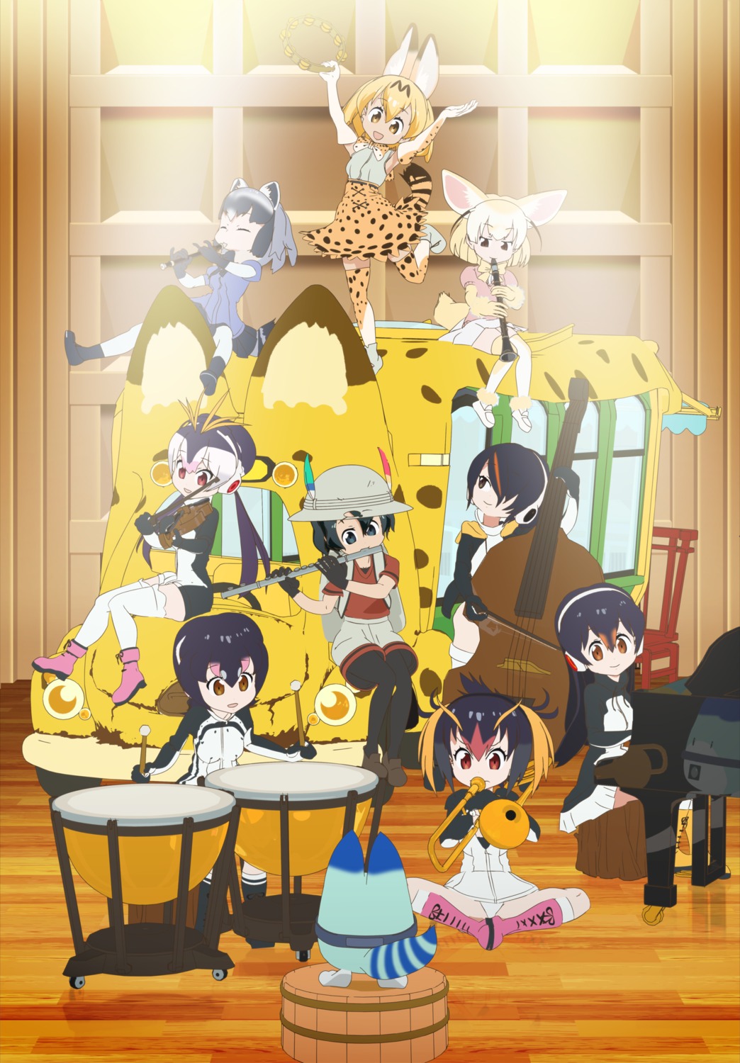 animal_ears, common_raccoon, emperor_penguin, fennec_(kemono_friends), gentoo_penguin, headphones, humboldt_penguin, kaban_(kemono_friends)