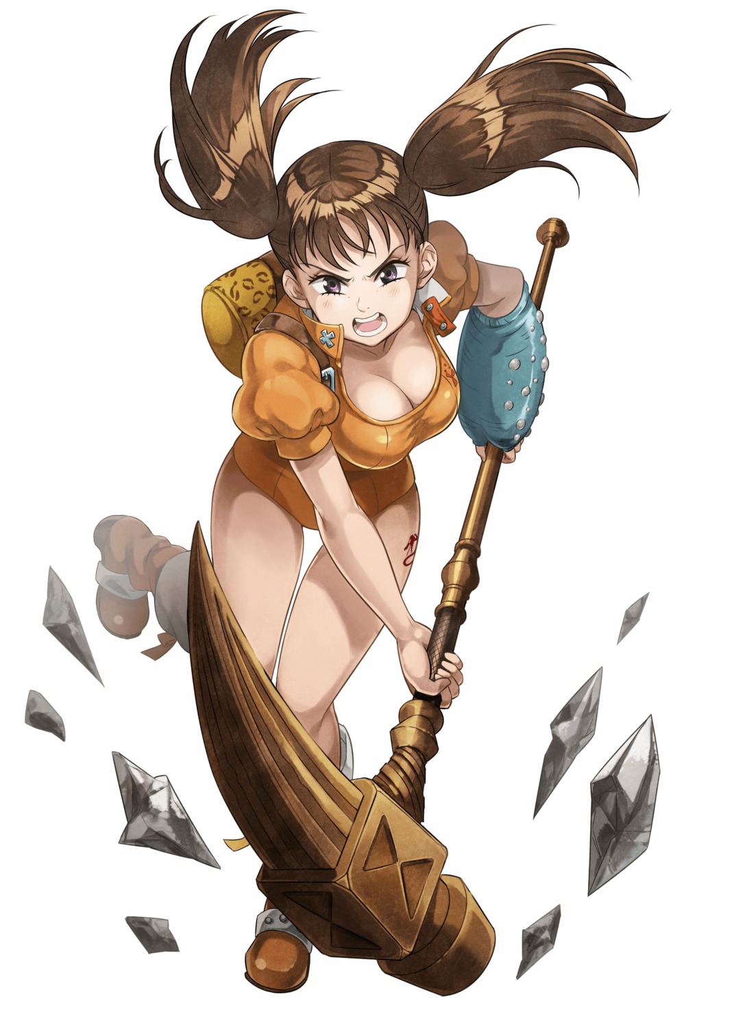 cleavage, diane_(nanatsu_no_taizai), leotard, nanatsu_no_taizai, tagme, tattoo, weapon