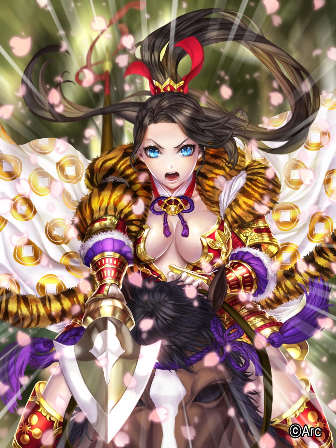armor, box_(hotpppink), cleavage, no_bra, sengoku_kishin_valkyrie, thighhighs, weapon