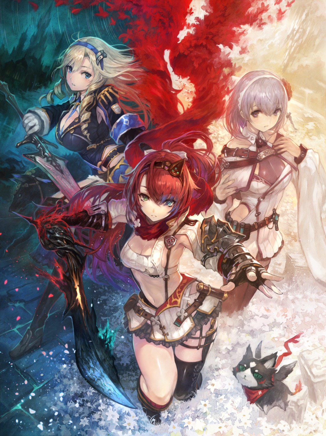 alushe_anatoria, cleavage, dress, gust_(company), heels, liliana_selphin, neko, ruhenheid_ariarod, stockings, sword, thighhighs, uniform, weapon, yoru_no_nai_kuni, yoru_no_nai_kuni_2, yoshiku