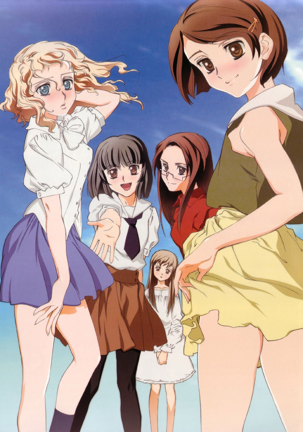 akanegi_atsuki, asahina_kyouko, dress, harada_akari, kita_e_diamond_dust_drops, kitano_suomi, megane, pantyhose