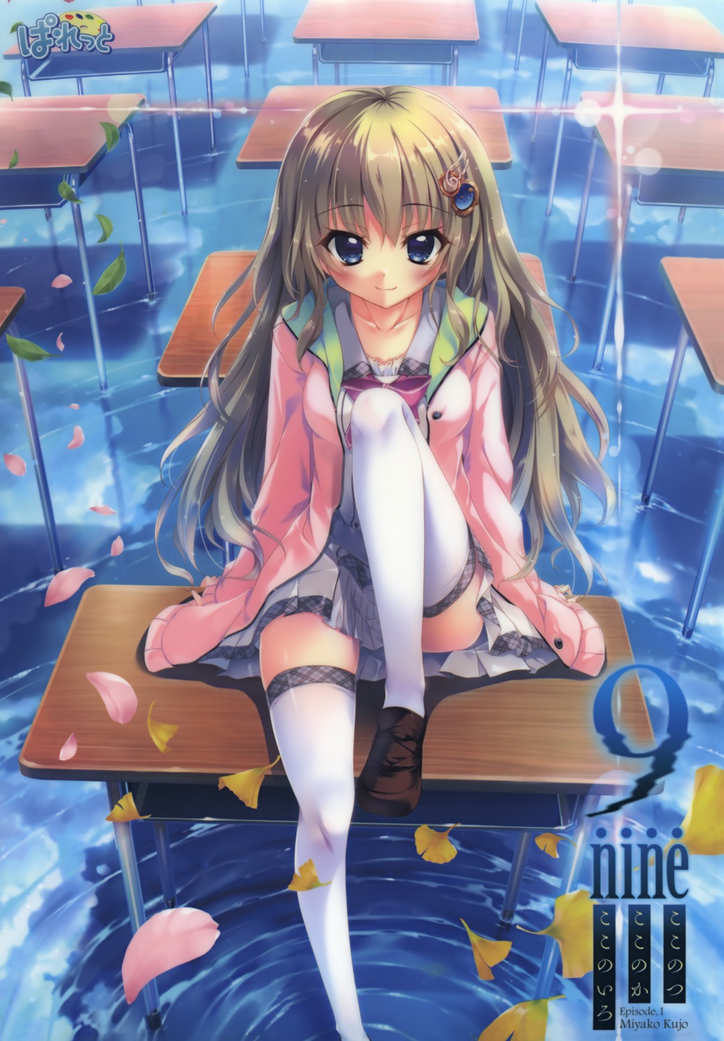 9-nine-, 9-nine-_kokonotsu_kokonoka_kokonoiro, izumi_tsubasu, kujou_miyako, palette, seifuku, sweater, thighhighs